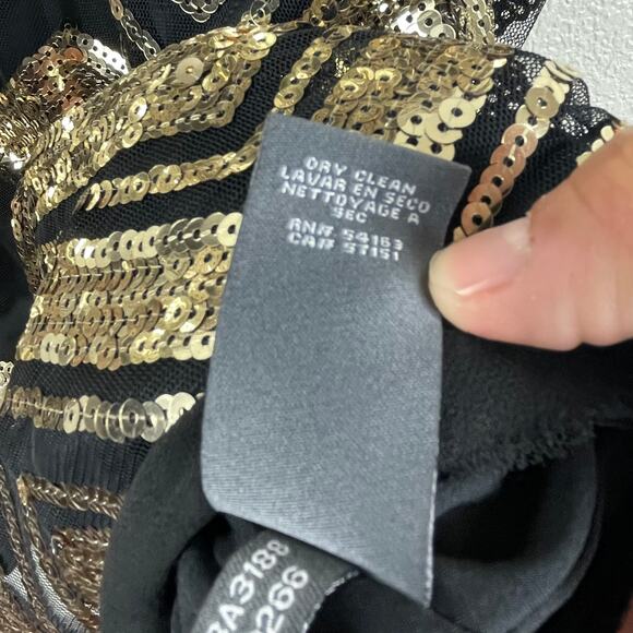 Vince Camuto Black Gold Sequin Dress Chevron Sleeveless Lined Fringe Hem Gatsby - Picture 9 of 12